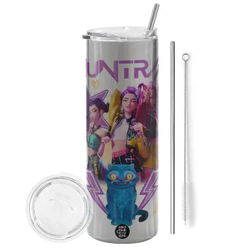 Huntrix K-pop series, Tumbler ποτήρι θερμό Ασημένιο από ανοξείδωτο ατσάλι 600ml, με μεταλλικό καλαμάκι & βούρτσα καθαρισμού