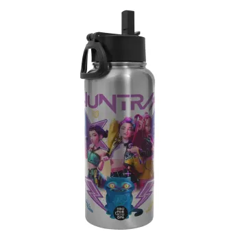 Huntrix K-pop series, Μεταλλικό παγούρι θερμός Silver με καλαμάκι και χερούλι (Stainless steel), διπλού τοιχώματος, 950ml