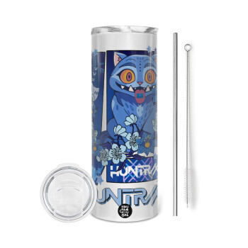 Huntrix Derpy the blue tiger, Tumbler ποτήρι θερμό από ανοξείδωτο ατσάλι 600ml, με μεταλλικό καλαμάκι & βούρτσα καθαρισμού