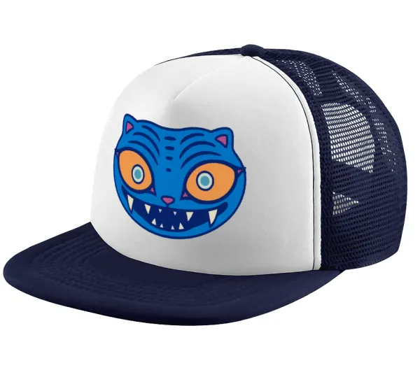 Huntrix Derpy the blue tiger — Adult Soft Trucker Hat with Dark Blue/White Mesh (POLYESTER, ADULT, UNISEX, ONE SIZE)