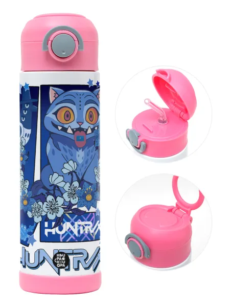 Huntrix Derpy the blue tiger — Παιδικό παγούρι θερμό, ανοξείδωτο, με καλαμάκι ασφαλείας, ΡΟΖ (500ml)