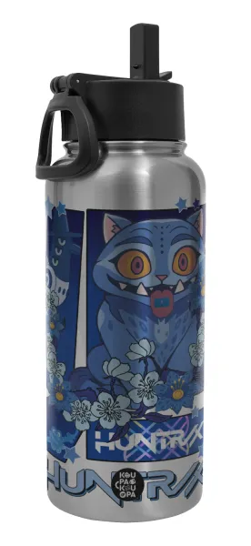 Huntrix Derpy the blue tiger — Metal mug thermo Silver with Straw and Spout Lid (Stainless steel), double wall, 950ml