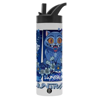 Huntrix Derpy the blue tiger, Μεταλλικό παγούρι θερμός με καλαμάκι & χειρολαβή, ανοξείδωτο ατσάλι (Stainless steel 304), διπλού τοιχώματος, 600ml