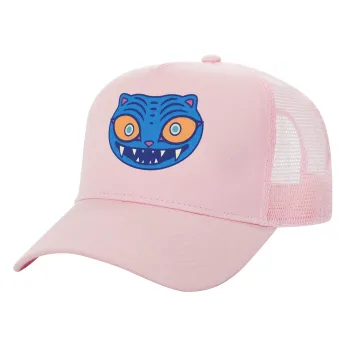 Huntrix Derpy the blue tiger, Adult Structured Trucker Hat, with Mesh, PINK (100% COTTON, ADULT, UNISEX, ONE SIZE)