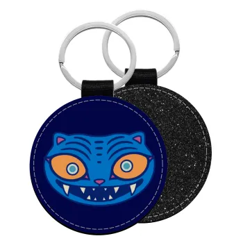 Huntrix Derpy the blue tiger, Μπρελόκ Δερματίνη, στρογγυλό ΜΑΥΡΟ (5cm)