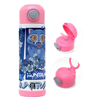 Huntrix Derpy the blue tiger, Παιδικό παγούρι θερμό, ανοξείδωτο, με καλαμάκι ασφαλείας, ΡΟΖ (500ml)
