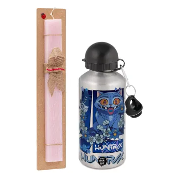 Huntrix Derpy the blue tiger, Easter Set, metallic Silver aluminum water bottle (500ml) & scented flat Easter candle (30cm) (PINK)