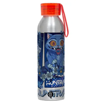 Huntrix Derpy the blue tiger, Αλουμινένιο Αθλητικό Μπουκάλι 650ml – Ασημί με Κόκκινο Καπάκι και Λουράκι Σιλικόνης