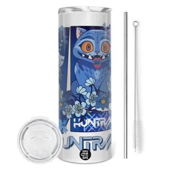 Huntrix Derpy the blue tiger, Tumbler ποτήρι θερμό από ανοξείδωτο ατσάλι 600ml, με μεταλλικό καλαμάκι & βούρτσα καθαρισμού