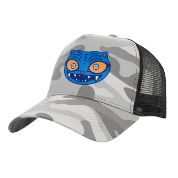 Huntrix Derpy the blue tiger, Adult Structured Trucker Hat, with Mesh, (Camouflage) Army Camo (100% COTTON, ADULT, UNISEX, ONE SIZE)