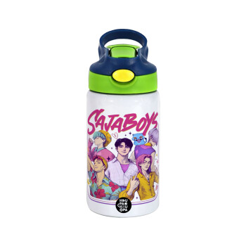 Huntrix Saja Boys, Children's hot water bottle, stainless steel, with safety straw, green, blue (350ml)