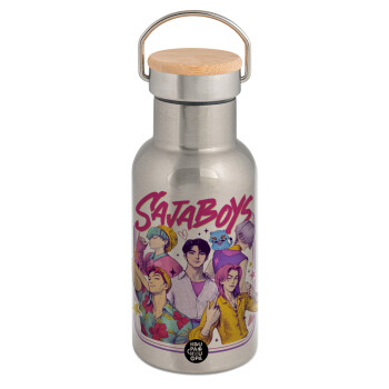 Huntrix Saja Boys, Μεταλλικό παγούρι θερμός (Stainless steel) Ασημένιο με ξύλινο καπακι (bamboo), διπλού τοιχώματος, 350ml