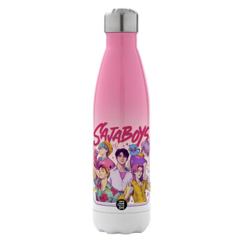 Huntrix Saja Boys, Μεταλλικό παγούρι θερμός Ροζ/Λευκό (Stainless steel), διπλού τοιχώματος, 500ml