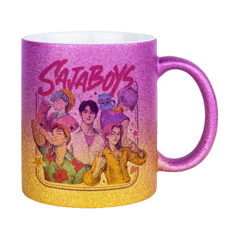 Huntrix Saja Boys, Κούπα Χρυσή/Ροζ Glitter, κεραμική, 330ml
