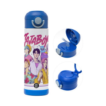 Huntrix Saja Boys, Παιδικό παγούρι θερμό, ανοξείδωτο, με καλαμάκι ασφαλείας, ΜΠΛΕ (500ml)