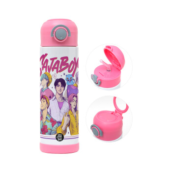 Huntrix Saja Boys, Παιδικό παγούρι θερμό, ανοξείδωτο, με καλαμάκι ασφαλείας, ΡΟΖ (500ml)