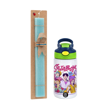 Huntrix Saja Boys, Πασχαλινή Λαμπάδα με Παιδικό παγούρι θερμό, ανοξείδωτο, με καλαμάκι ασφαλείας, πράσινο/μπλε (350ml) & κερί αρωματικό πλακέ (30cm) (ΤΙΡΚΟΥΑΖ)