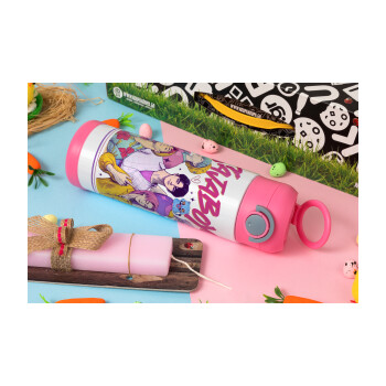 Huntrix Saja Boys, Πασχαλινή Λαμπάδα με Παιδικό παγούρι θερμό, ανοξείδωτο, με καλαμάκι ασφαλείας, ΡΟΖ (500ml)