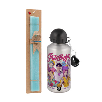 Huntrix Saja Boys, Πασχαλινή Λαμπάδα με παγούρι μεταλλικό Ασημένιο αλουμινίου (500ml) & κερί αρωματικό πλακέ (30cm) (ΤΙΡΚΟΥΑΖ)