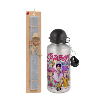 Huntrix Saja Boys, Πασχαλινή Λαμπάδα με παγούρι μεταλλικό Ασημένιο αλουμινίου (500ml) & κερί αρωματικό πλακέ (30cm) (ΓΚΡΙ)