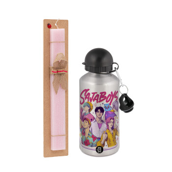 Huntrix Saja Boys, Πασχαλινή Λαμπάδα με παγούρι μεταλλικό Ασημένιο αλουμινίου (500ml) & κερί αρωματικό πλακέ (30cm) (ΡΟΖ)