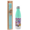 Easter Set, Metallic green/white thermos (Stainless steel), double-walled, 500ml & scented flat Easter candle (30cm) (TURQUOISE)