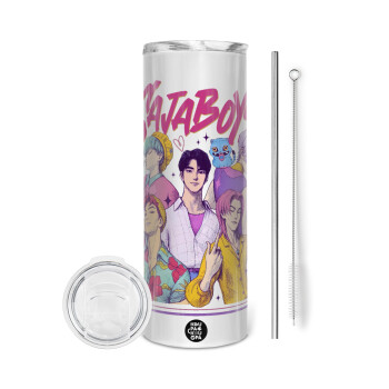 Huntrix Saja Boys, Tumbler ποτήρι θερμό από ανοξείδωτο ατσάλι 600ml, με μεταλλικό καλαμάκι & βούρτσα καθαρισμού