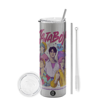 Huntrix Saja Boys, Tumbler ποτήρι θερμό Ασημένιο από ανοξείδωτο ατσάλι 600ml, με μεταλλικό καλαμάκι & βούρτσα καθαρισμού