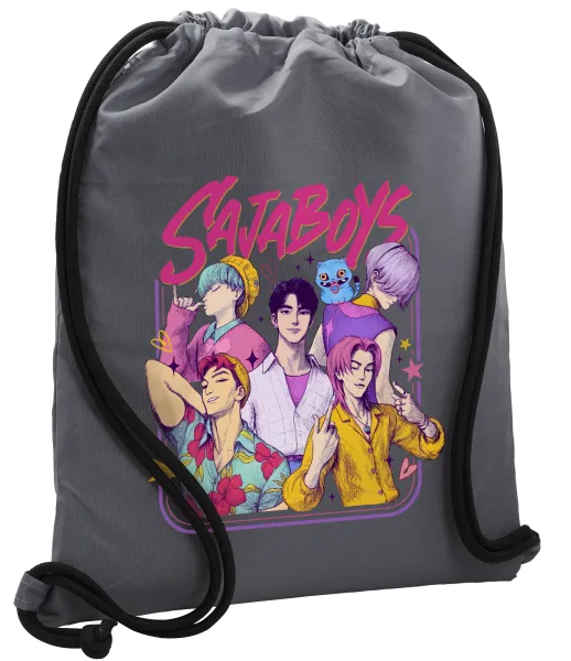 Huntrix Saja Boys — Τσάντα πλάτης πουγκί GYMBAG ΓΚΡΙ, με τσέπη (40x48cm) & χονδρά κορδόνια