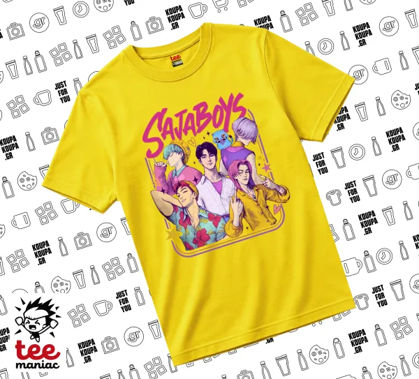 Huntrix Saja Boys — Κίτρινο Άνετο παιδικό T-Shirt από 100% βαμβάκι, για κάθε μέρα. Vegan & OEKO-TEX πιστοποιημένο.