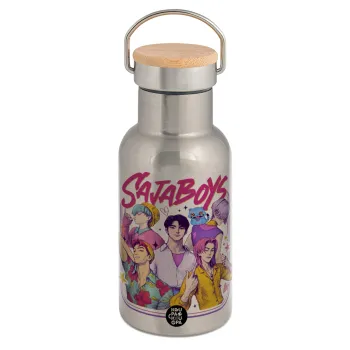 Huntrix Saja Boys, Μεταλλικό παγούρι θερμός (Stainless steel) Ασημένιο με ξύλινο καπακι (bamboo), διπλού τοιχώματος, 350ml