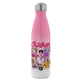 Huntrix Saja Boys, Μεταλλικό παγούρι θερμός Ροζ/Λευκό (Stainless steel), διπλού τοιχώματος, 500ml