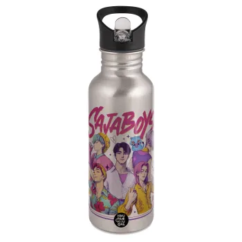 Huntrix Saja Boys, Water bottle Silver with straw, stainless steel 600ml