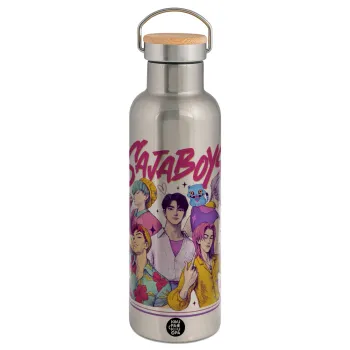 Huntrix Saja Boys, Μεταλλικό παγούρι θερμός (Stainless steel) Ασημένιο με ξύλινο καπακι (bamboo), διπλού τοιχώματος, 750ml