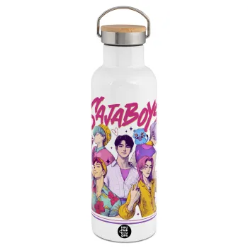 Huntrix Saja Boys, Stainless steel White with wooden lid (bamboo), double wall, 750ml