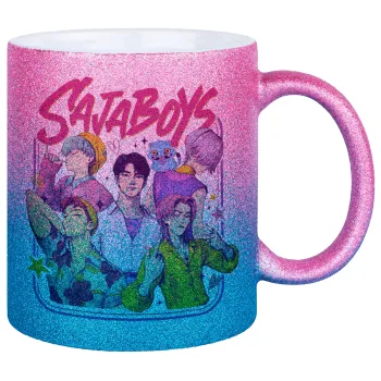 Huntrix Saja Boys, Κούπα Χρυσή/Μπλε Glitter, κεραμική, 330ml