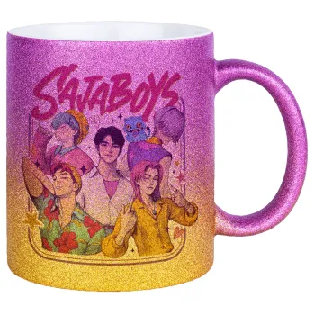 Huntrix Saja Boys, Κούπα Χρυσή/Ροζ Glitter, κεραμική, 330ml