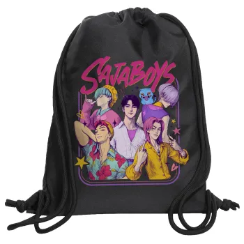 Huntrix Saja Boys, Τσάντα πλάτης πουγκί GYMBAG Μαύρη, με τσέπη (40x48cm) & χονδρά κορδόνια