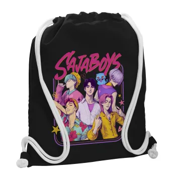 Huntrix Saja Boys, Τσάντα πλάτης πουγκί GYMBAG Μαύρη, με τσέπη (40x48cm) & χονδρά λευκά κορδόνια