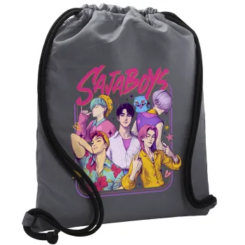 Huntrix Saja Boys, Τσάντα πλάτης πουγκί GYMBAG ΓΚΡΙ, με τσέπη (40x48cm) & χονδρά κορδόνια