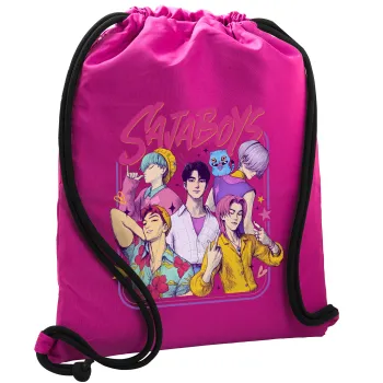 Huntrix Saja Boys, Τσάντα πλάτης πουγκί GYMBAG Φούξια, με τσέπη (40x48cm) & χονδρά κορδόνια
