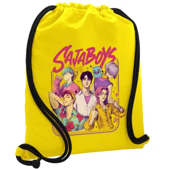 Huntrix Saja Boys, Τσάντα πλάτης πουγκί GYMBAG Κίτρινη, με τσέπη (40x48cm) & χονδρά κορδόνια