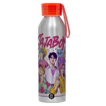 Huntrix Saja Boys, Αλουμινένιο Αθλητικό Μπουκάλι 650ml – Ασημί με Κόκκινο Καπάκι και Λουράκι Σιλικόνης