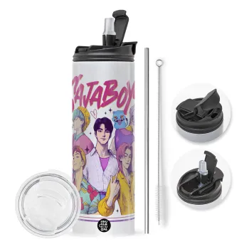 Huntrix Saja Boys, Travel Tumbler 2 Lids, with metal straw & cleaning brush (Stainless steel 304 Food grade, BPA free, 600ml)