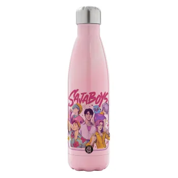 Huntrix Saja Boys, Μεταλλικό παγούρι θερμός Ροζ Ιριδίζον (Stainless steel), διπλού τοιχώματος, 500ml