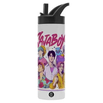 Huntrix Saja Boys, Μεταλλικό παγούρι θερμός με καλαμάκι & χειρολαβή, ανοξείδωτο ατσάλι (Stainless steel 304), διπλού τοιχώματος, 600ml