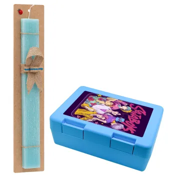 Huntrix Saja Boys, Πασχαλινή Λαμπάδα με παιδικό δοχείο κολατσιού ΓΑΛΑΖΙΟ & κερί αρωματικό πλακέ (30cm) (ΤΙΡΚΟΥΑΖ)