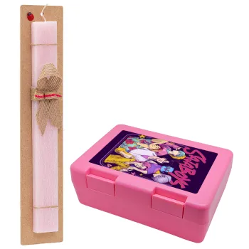 Huntrix Saja Boys, Πασχαλινή Λαμπάδα με παιδικό δοχείο κολατσιού ΡΟΖ & κερί αρωματικό πλακέ (30cm) (ΡΟΖ)