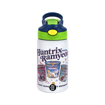 Ramyeon Huntrix, Children's hot water bottle, stainless steel, with safety straw, green, blue (350ml)