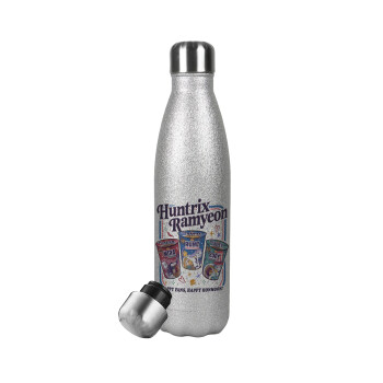 Ramyeon Huntrix, Μεταλλικό παγούρι θερμός Glitter Aσημένιο (Stainless steel), διπλού τοιχώματος, 500ml